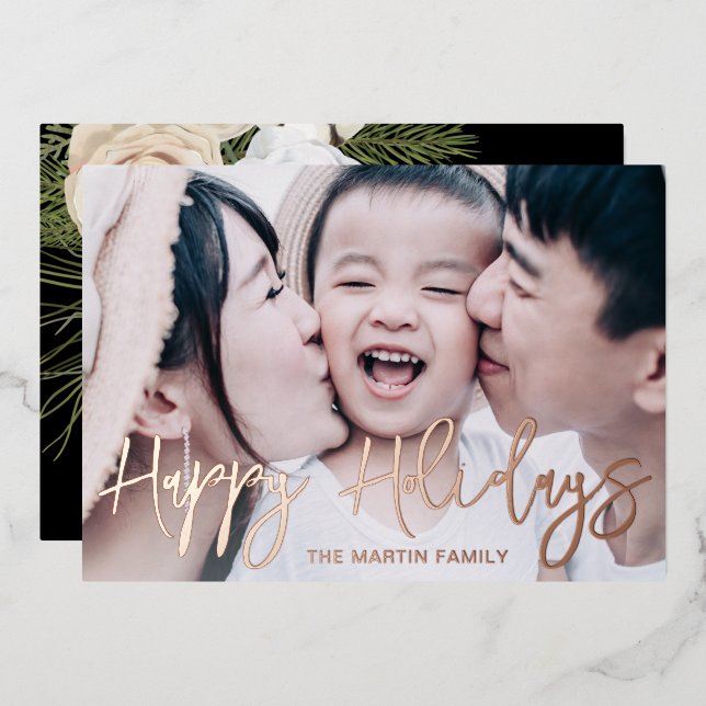 Chic Black Botanical Full Photo Christmas Foil Holiday Card (Front/Back)