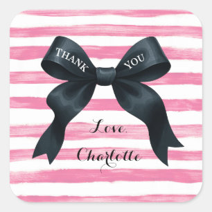 Chic Black Bow Pink White Stripe Square Sticker