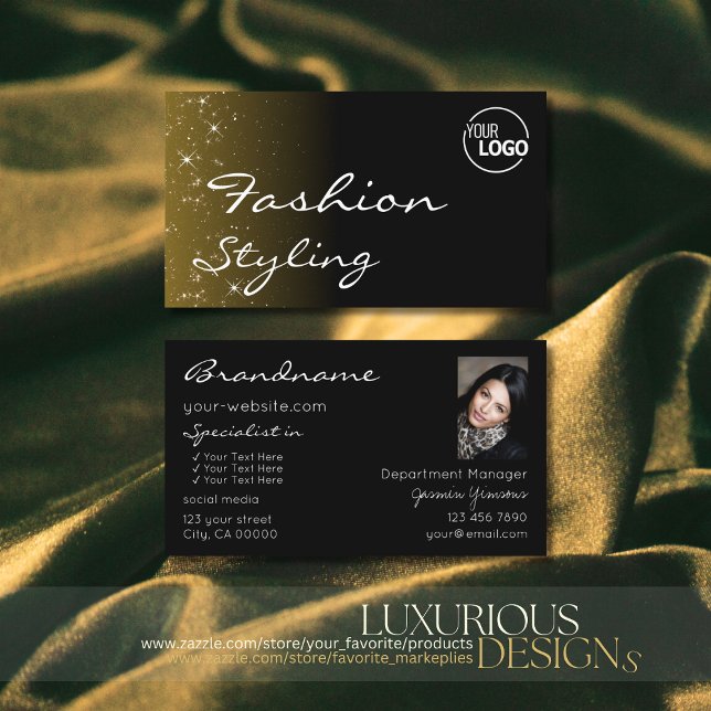 Chic Black Brown Glitter Stars with Logo and Photo Business Card (Creator Uploaded)