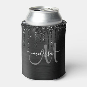Chic Black Brushed Metal Dripping Glitter Monogram Can Cooler