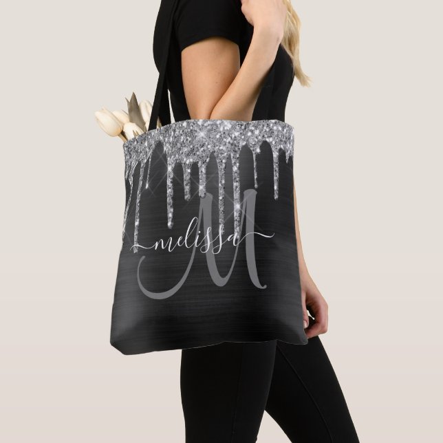 Chic Black Brushed Metal Silver Glitter Drips Name Tote Bag (Close Up)