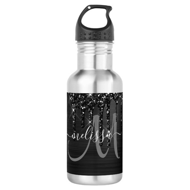 Chic Black Brushed Metal White Monogram 532 Ml Water Bottle (Front)