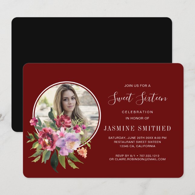 Chic Black Burgundy Floral Themed Photo Sweet 16 Invitation (Front/Back)