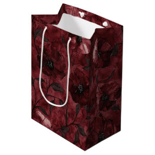 Chic Black Burgundy Red Floral Bridal Shower Medium Gift Bag