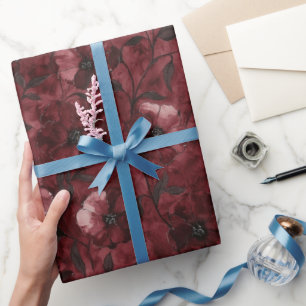 Chic Black Burgundy Red Floral Bridal Shower Wrapping Paper