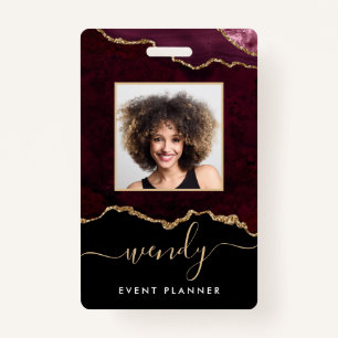 Chic Black Burgundy Red Gold Glitter Agate Photo ID Badge