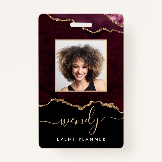 Chic Black Burgundy Red Gold Glitter Agate Photo ID Badge (Front)