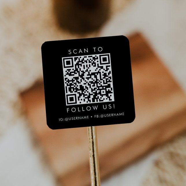 Chic Black Business Social Media QR Code Square Sticker (Creator Uploaded)