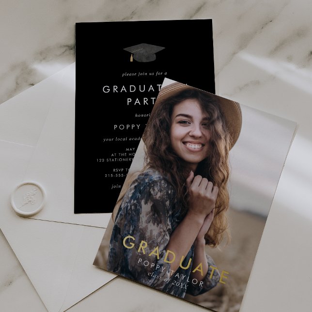 Chic Black Cap Gold Foil Photo Graduation Party (Creator Uploaded)
