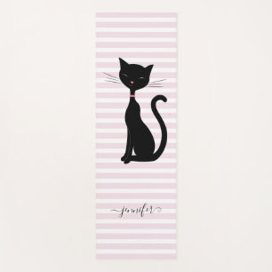 Chic Black Cat Personalised Name Pink Striped Yoga Mat