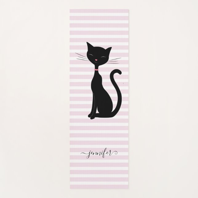Chic Black Cat Personalised Name Pink Striped Yoga Mat (Front)