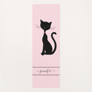 Chic Black Cat Personalized Name Pink Yoga Mat