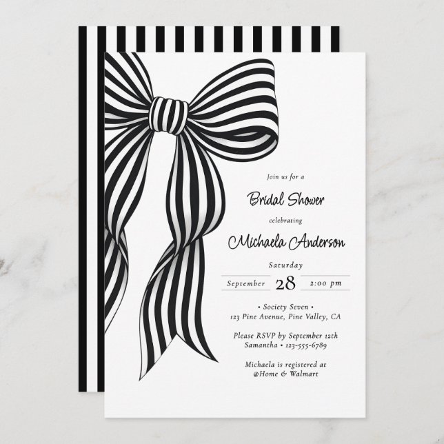 Chic Black Coquette Bow Striped Bridal Shower Invi Invitation (Front/Back)