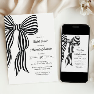 Chic Black Coquette Bow Striped Bridal Shower Invi Invitation