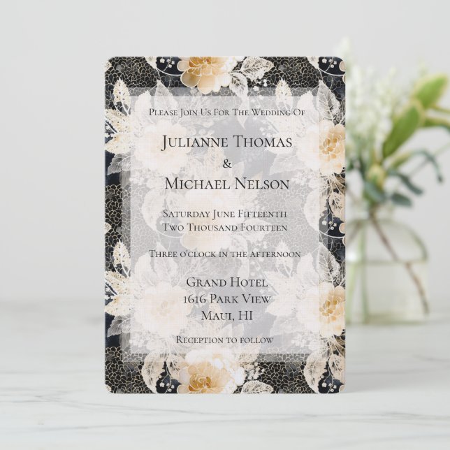 Chic Black Cream Leopard Animal Romantic Wedding Invitation (Standing Front)