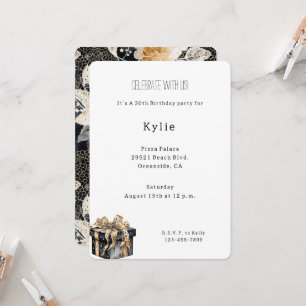 Chic Black Cream Leopard Floral Birthday Invitation
