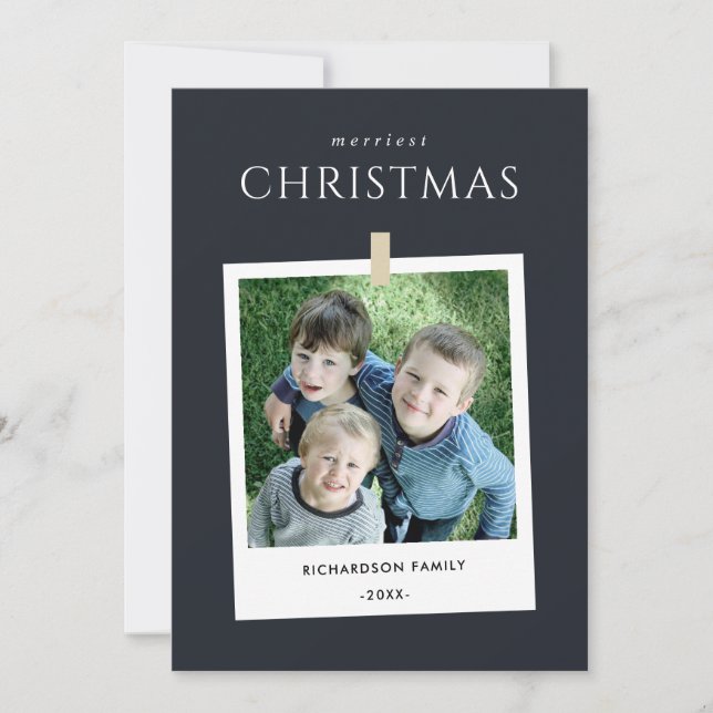 CHIC BLACK CUSTOM FAMILY PHOTO MERRIEST CHRISTMAS HOLIDAY CARD (Front)