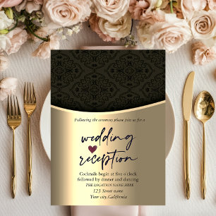 Chic Black Damask Gold Wedding Reception Invitation