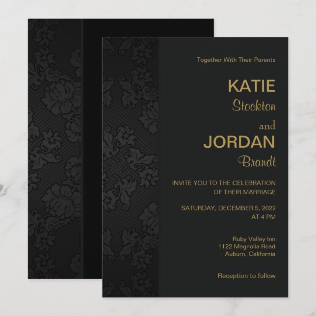 Chic Black Damask Wedding Invitation (Front/Back)