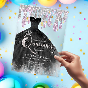 Chic black dress pink crystal drips Quinceanera  Acrylic Invitations
