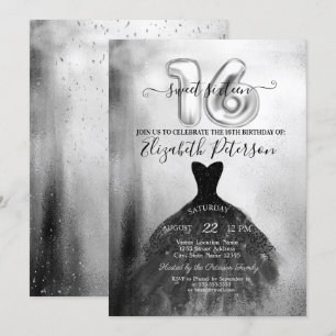 Chic Black Dress Silver Confetti Sweet 16  Invitation