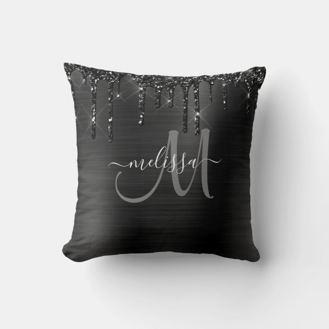 Chic Black Dripping Glitter Brushed Metal Monogram Cushion (Front)