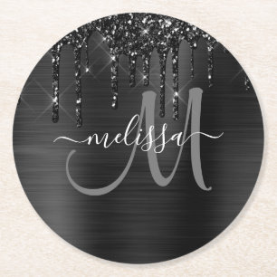 Chic Black Dripping Glitter Brushed Metal Monogram Round Paper Coaster