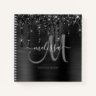 Chic Black Dripping Glitter Brushed Metal Sketch Notebook
