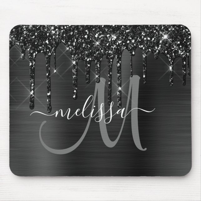Chic Black Dripping Glitter Metal Monogram Mouse Mat (Front)