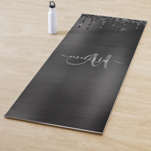 Chic Black Dripping Glitter Monogram White Name Yoga Mat