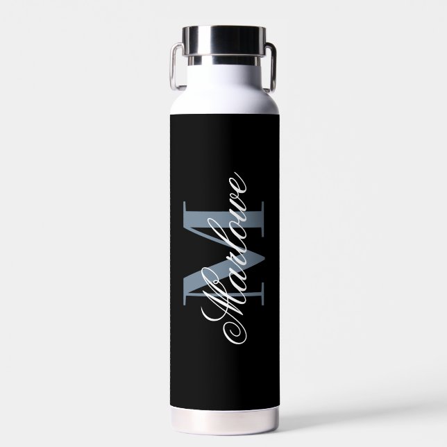Chic Black Dusty Blue Monogram Calligraphy Water Bottle (Front)