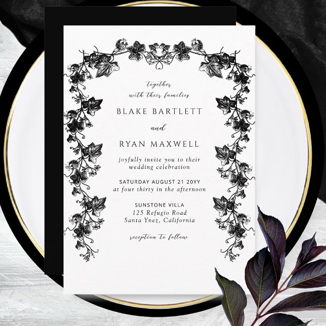 Chic Black Enchanting Botanical Garlands Wedding Invitation (Creator Uploaded)