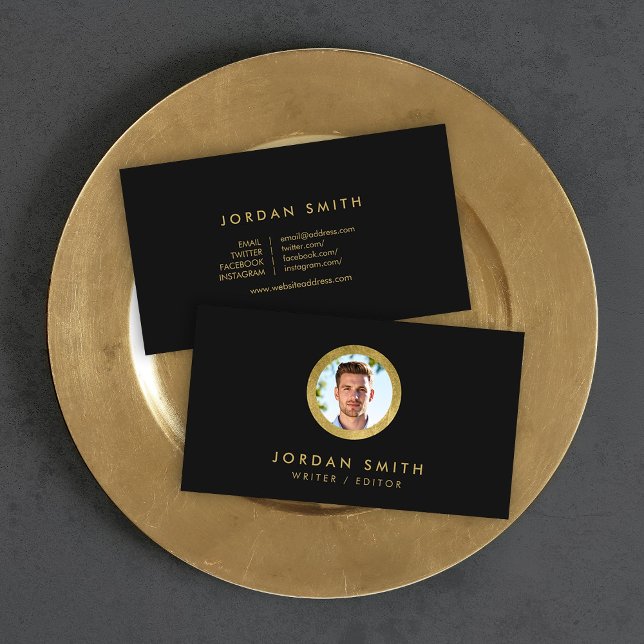 Chic Black & Faux Gold Profile Photo Social Media Business Card (Creator Uploaded)