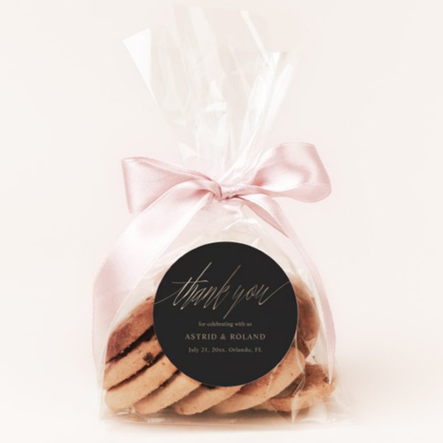 Chic Black & Faux Gold Wedding Favour Classic Round Sticker (Creator Uploaded)