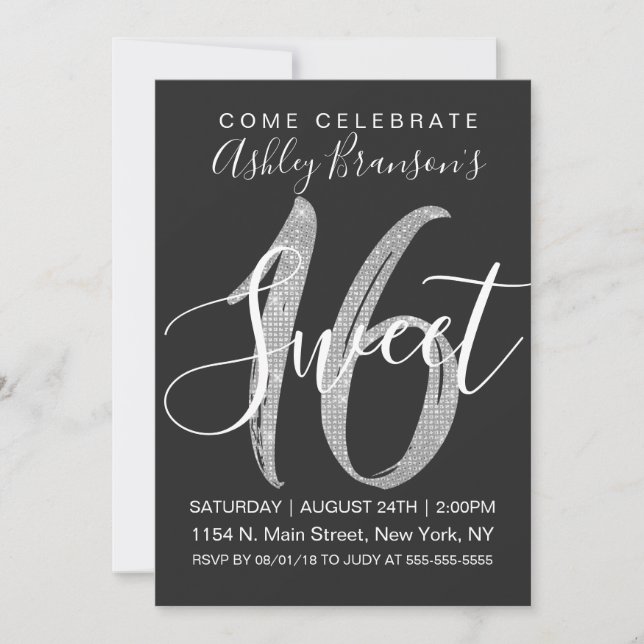 Chic Black Faux Silver Sequin Glitter Sweet 16 Invitation (Front)
