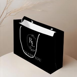 Chic Black Floral Monogram Wedding Thank You Large Gift Bag