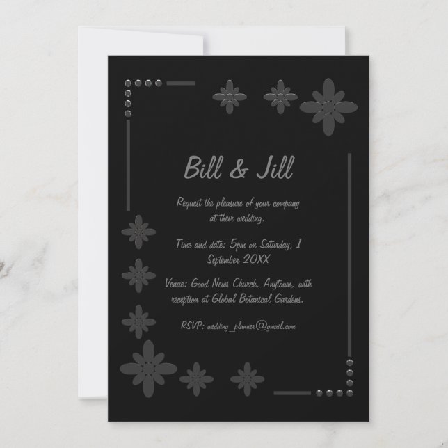  Chic Black Floral Silver Frame Wedding Invitation (Front)