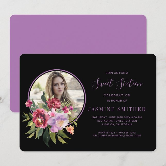 Chic Black Floral Themed Photo Sweet 16 Invitation (Front/Back)