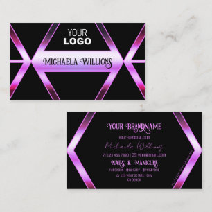 Chic Black Geometric Pink Purple Shimmer with Logo Business Card