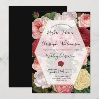 Chic Black Geometric Vintage Roses Floral Wedding Invitation