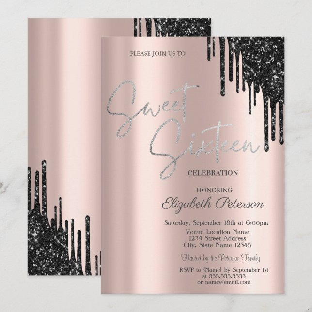Chic Black Glitter Drips,Rose Gold Sweet 16  Invitation (Front/Back)