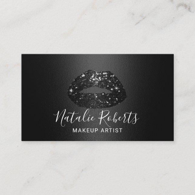 Chic Black Glitter Lips Makeup Artist Beauty Salon Business Card (Front)