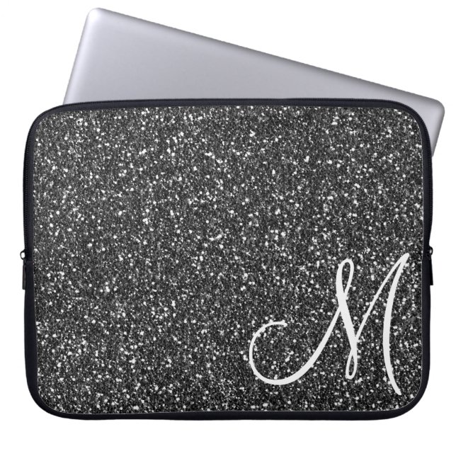 Chic Black Glitter Monogram Trendy Laptop Sleeve (Front)