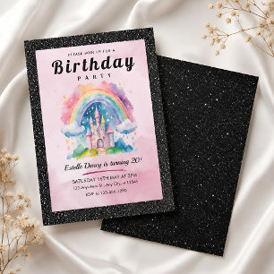 Chic Black Glitter Princess Castle 20th Birthday Invitation