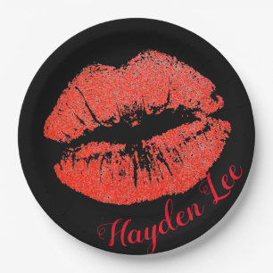 Chic Black & Glitter red Lips print Paper plates