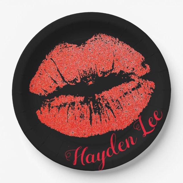 Chic Black & Glitter red Lips print Paper plates (Front)