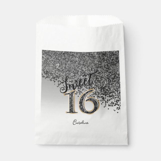 Chic Black Glitter Sweet 16 Birthday Favour Bags (Front)