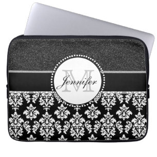 Chic Black Glitter White Damask Monogram Name Laptop Sleeve
