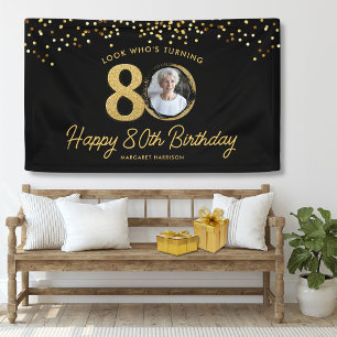 Chic Black Gold 80th Birthday Party Custom Photo Banner