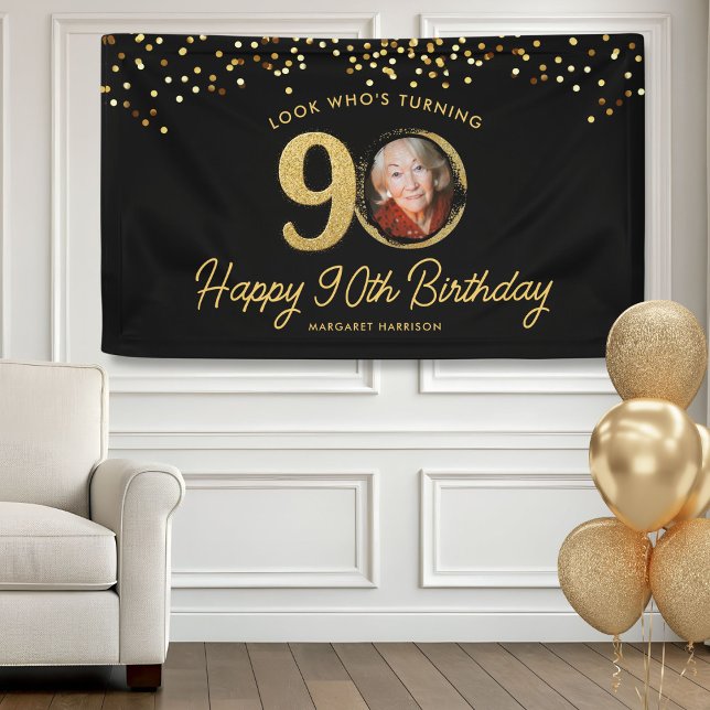 Chic Black Gold 90th Birthday Party Custom Photo Banner (Creator Uploaded)